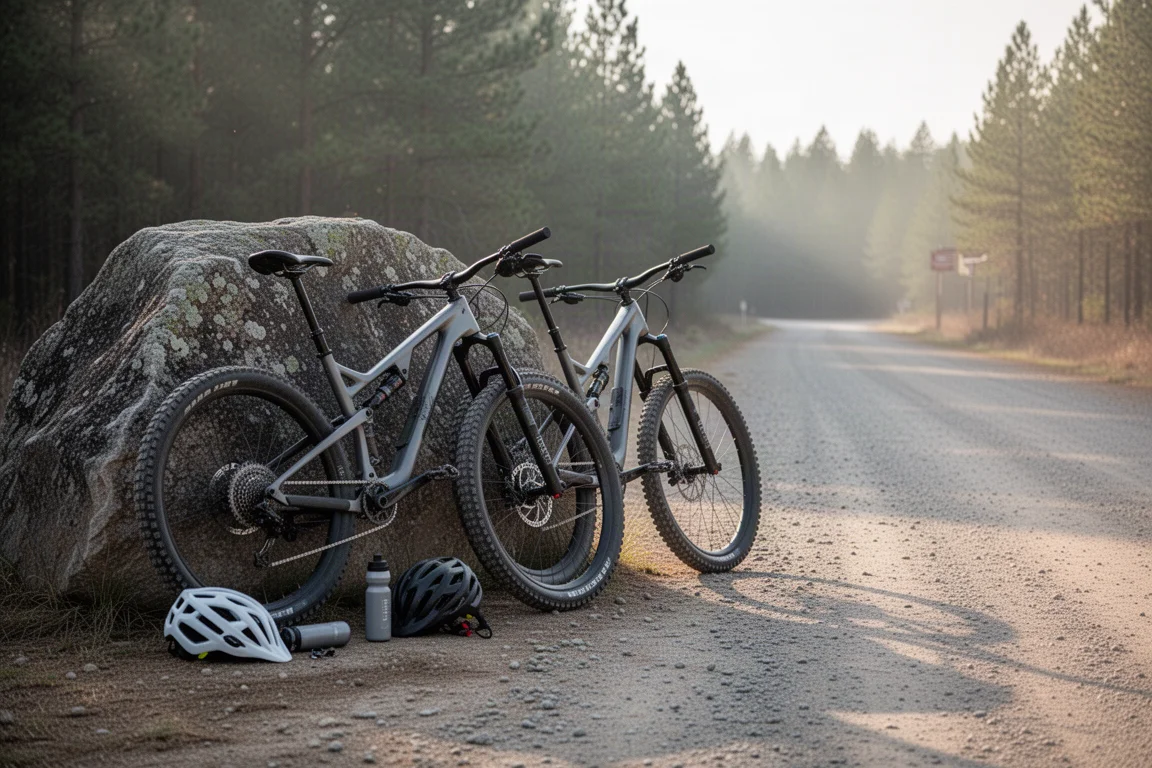 Zwei Mountainbikes lehnen vor der Fahrt an Felsen an einem Trailhead