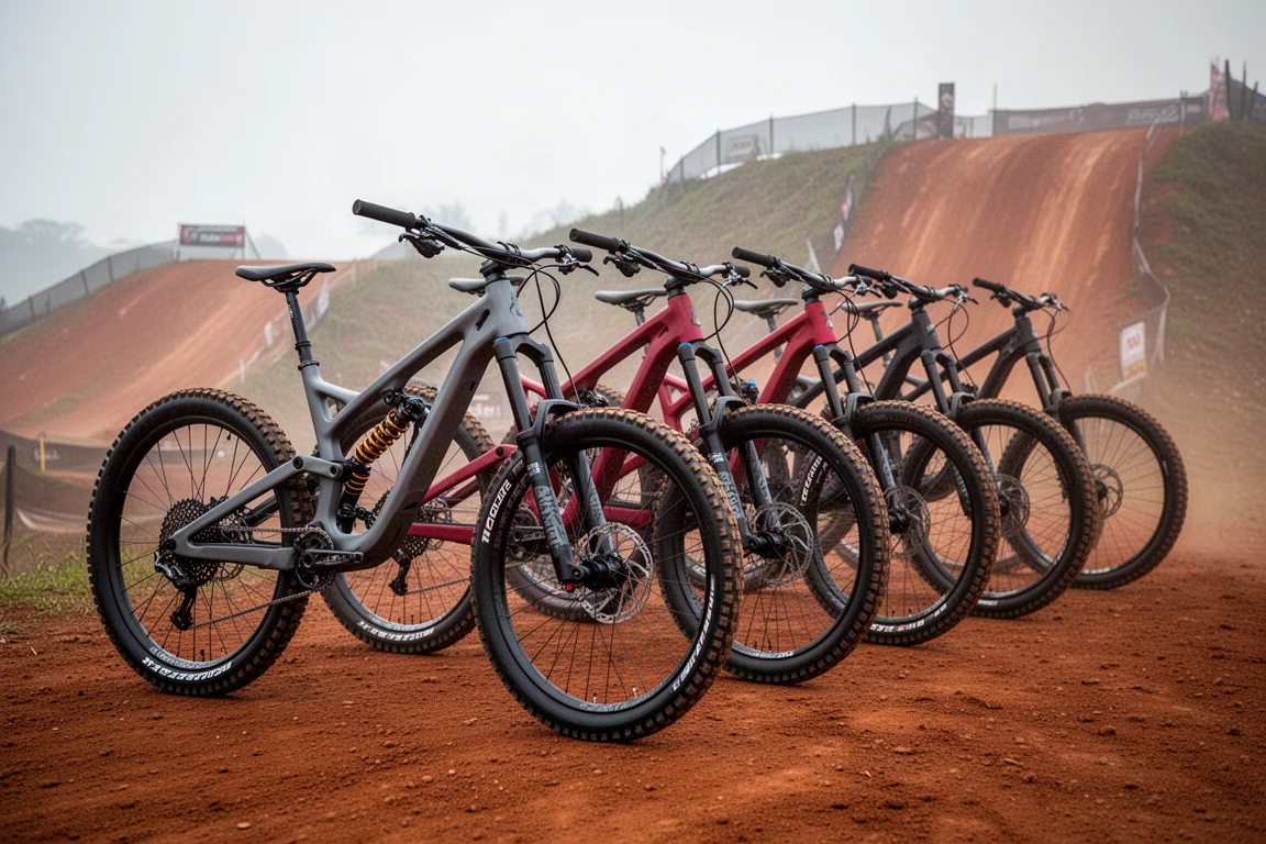 Fila de bicicletas de descenso de doble suspensión alineadas en una pista de tierra
