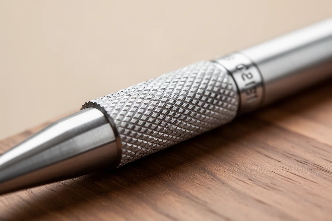 Close-up of a knurled metal grip section on a drafting pencil