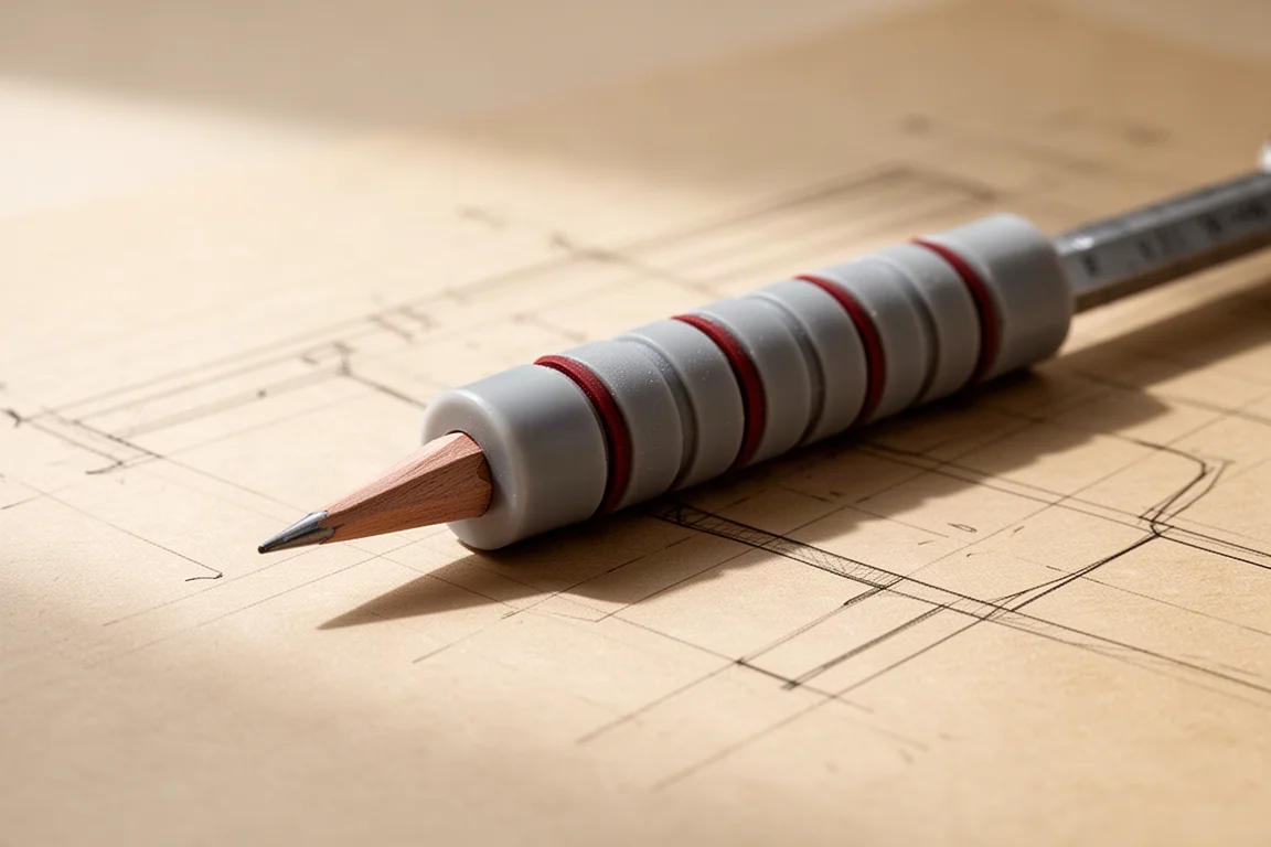 Hand repositioning a drafting pencil with a wide rubberized grip