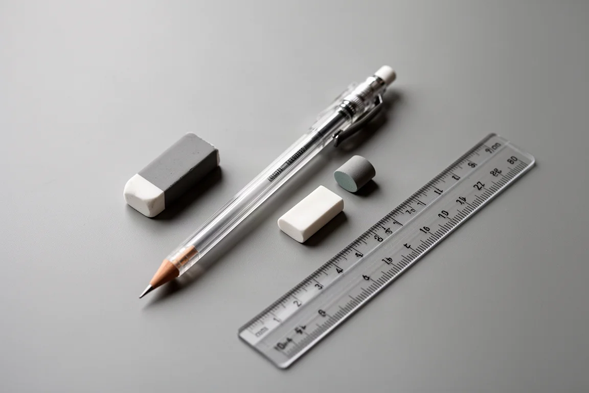 Translucent drafting pencil beside small drafting tools on a desk