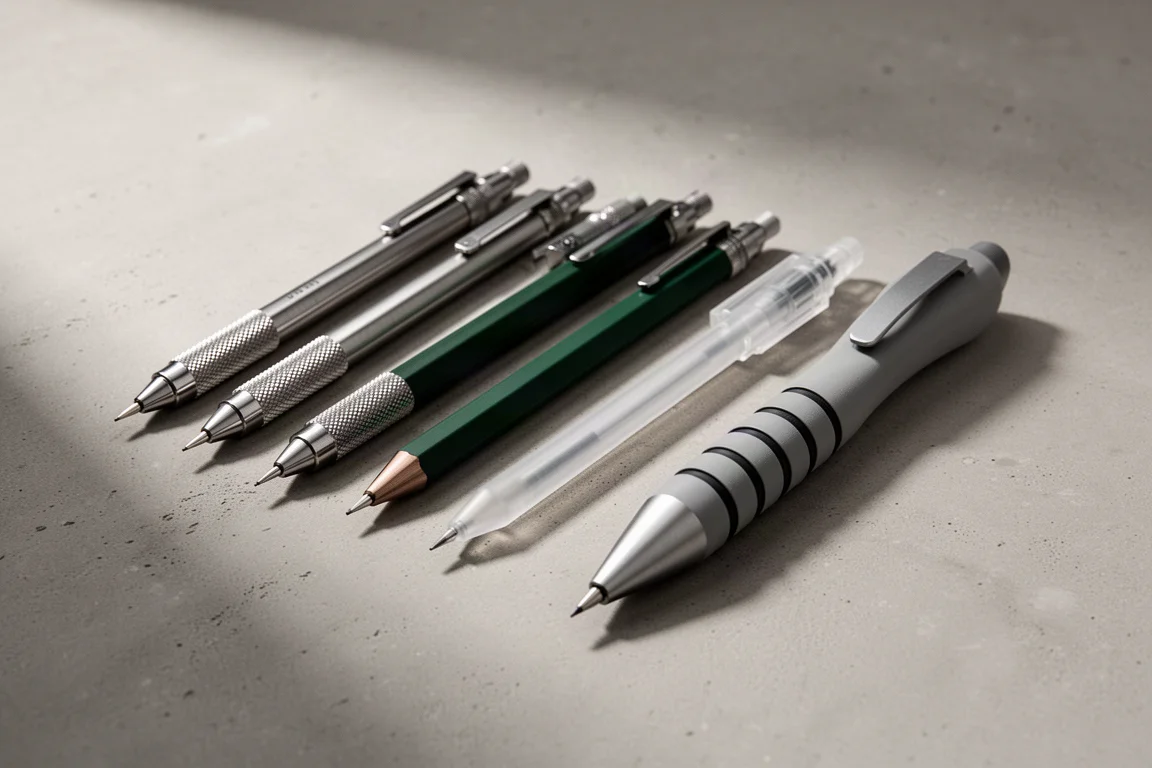 A row of drafting pencils with different grip designs on a concrete surface