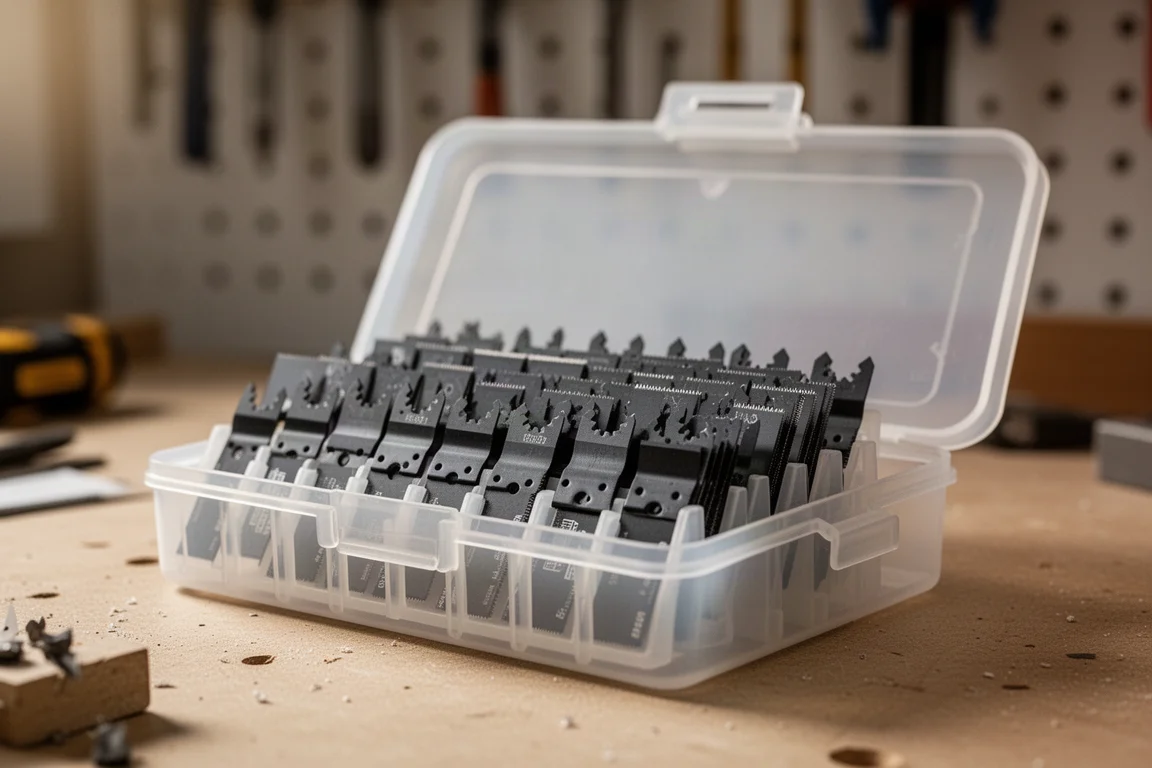 Trilbladen van een multitool, netjes opgeborgen in een bitkoffer met doorzichtig voorpaneel