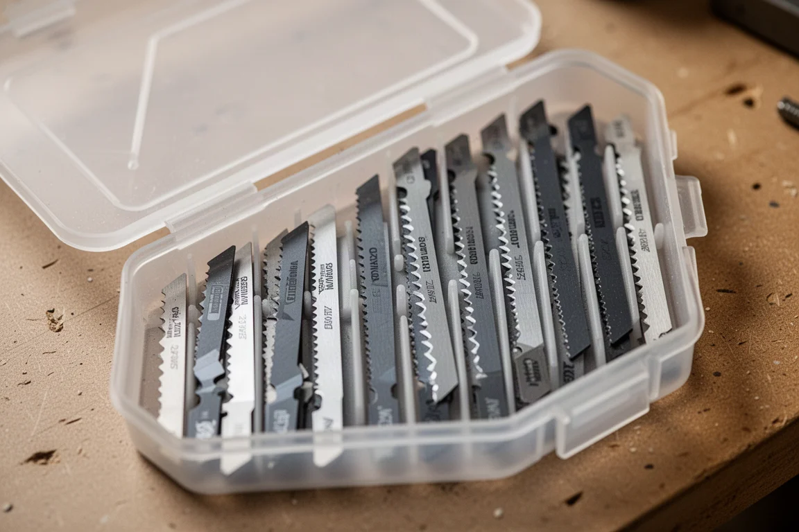Koffer voor reciprozaagbladen met een complete set decoupeerzaagbladen, tanden naar boven