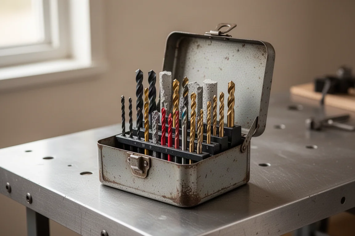 Metalen borenkoffer in vintage stijl met kanteldeksel, gevuld met diverse boren