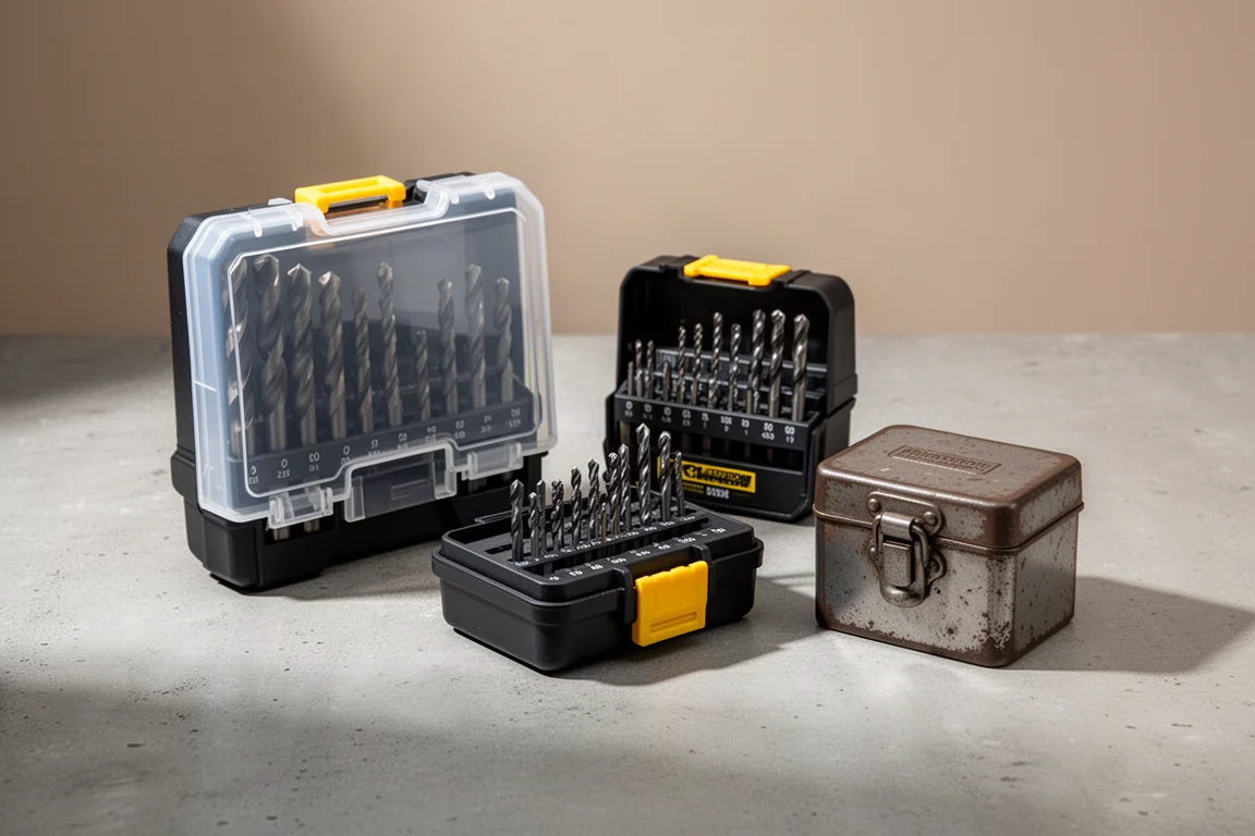 Assortment of drill bit storage cases arranged on a concrete surface