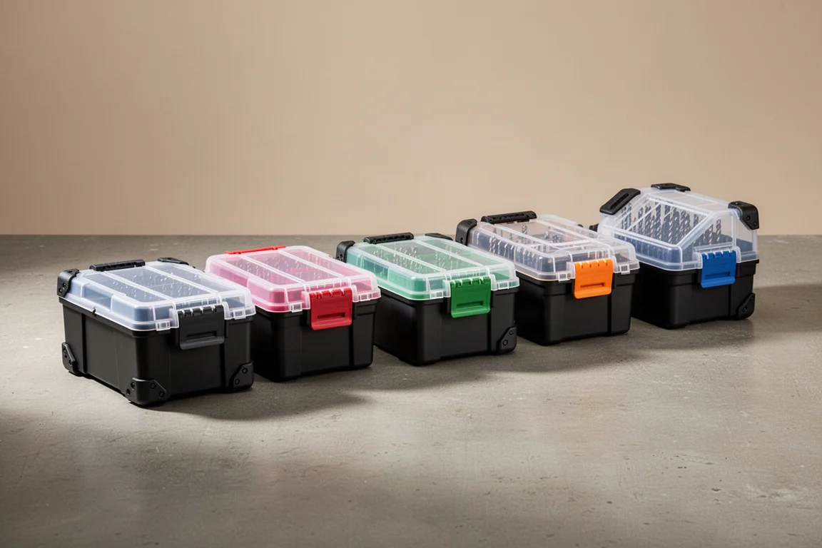 Five drill bit cases lined up on a concrete workshop floor