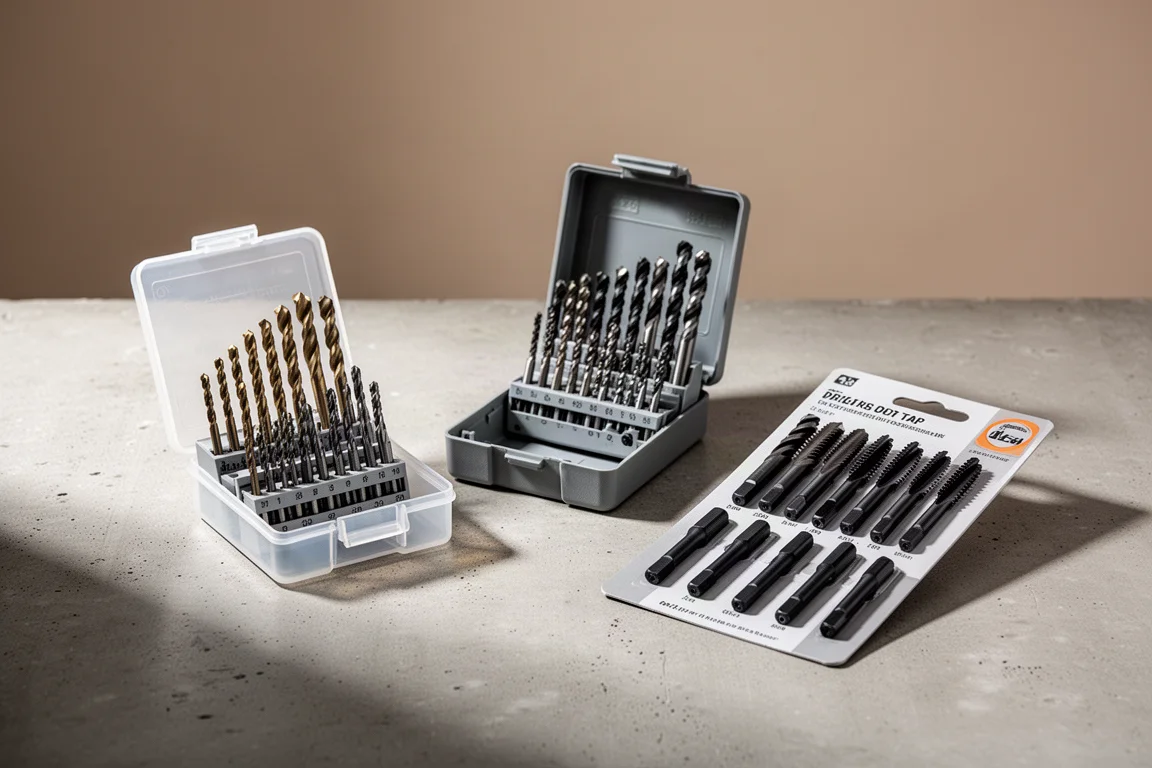 Three compact drill bit sets arranged on a matte concrete surface