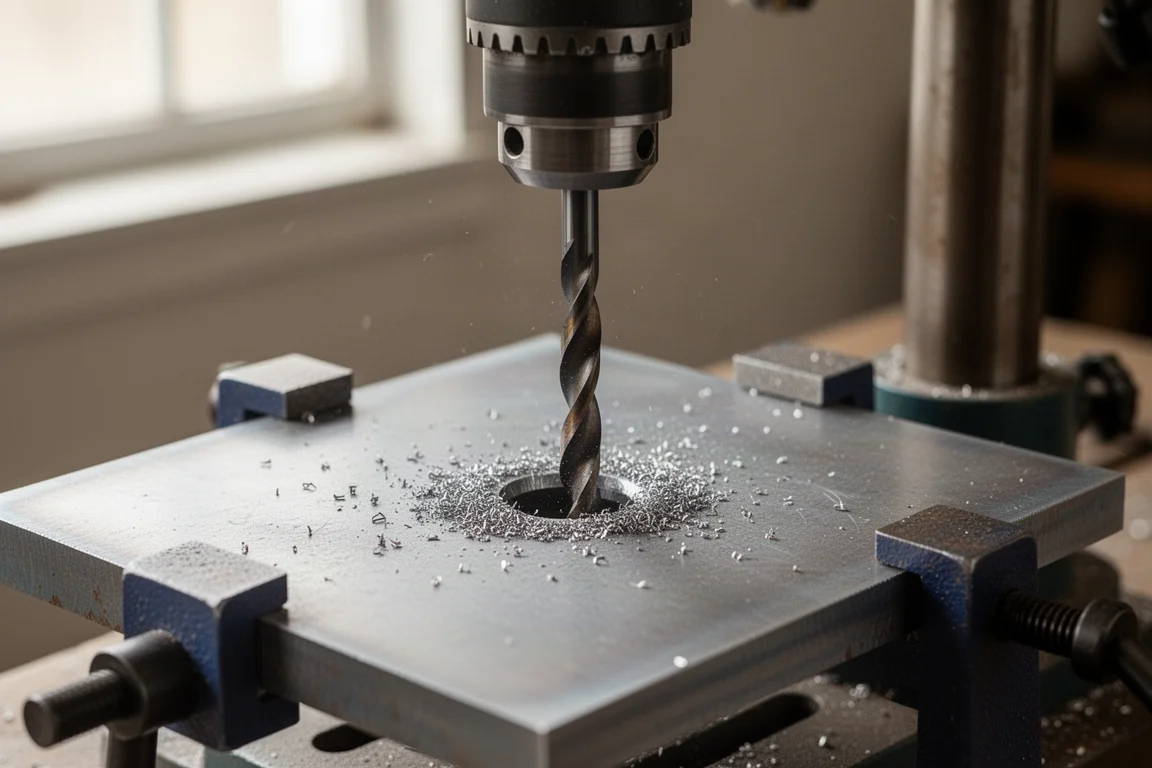 Drill press boring into a half-inch mild steel plate with chips accumulating