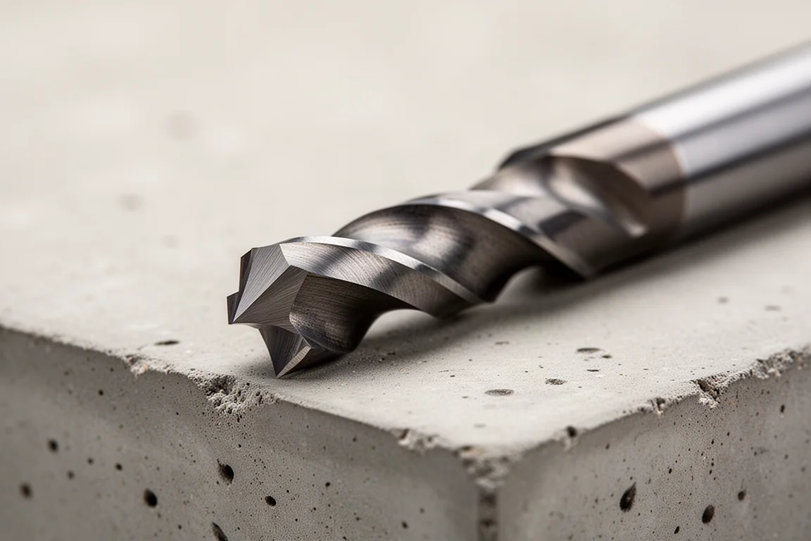 Close-up of a freshly sharpened twist drill bit tip under magnification