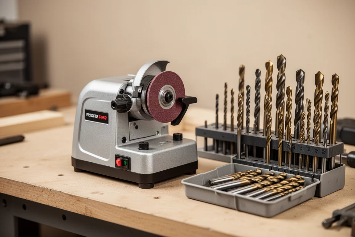 Compact electric drill bit sharpener sitting on a workshop bench