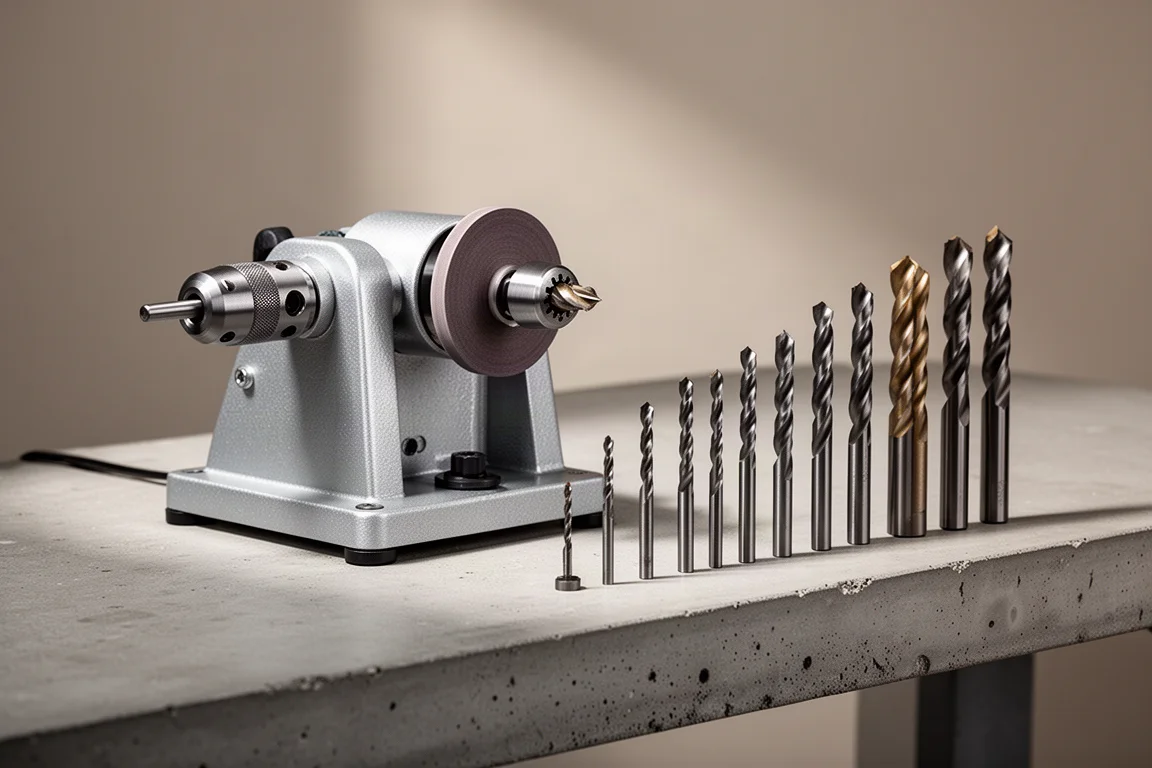 Benchtop drill bit sharpener with a set of twist drill bits arranged neatly