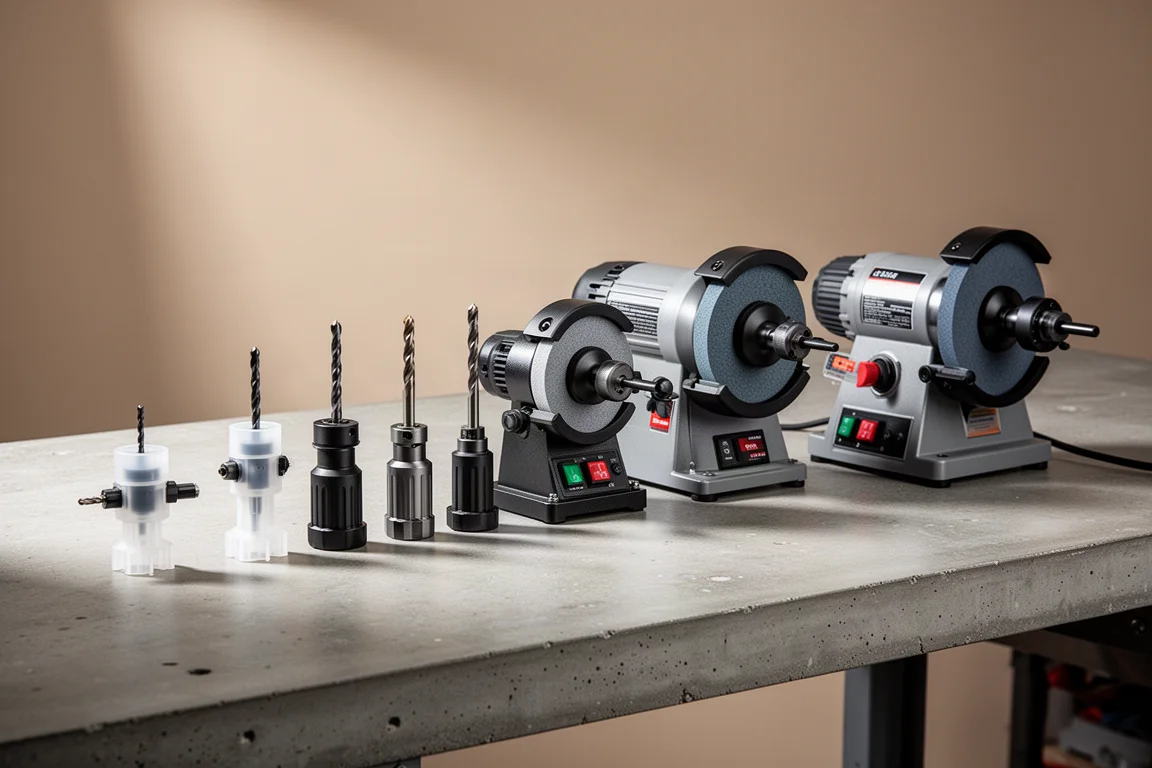 Eight drill bit sharpeners of varying sizes lined up on a workshop bench