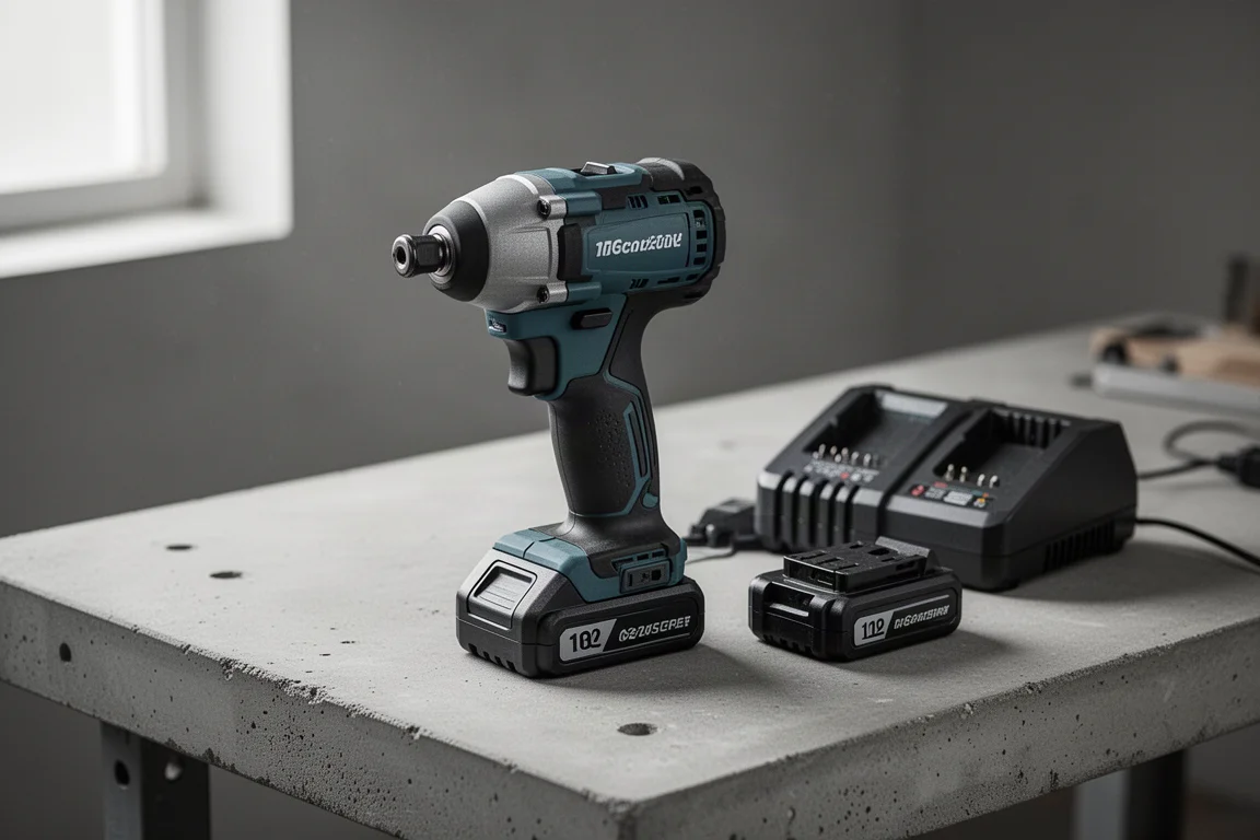 Compact cordless impact driver resting on a concrete workbench beside battery packs