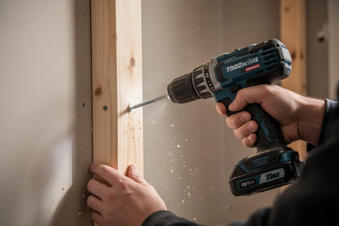 Cordless drill driving a screw into a wooden stud in a workshop