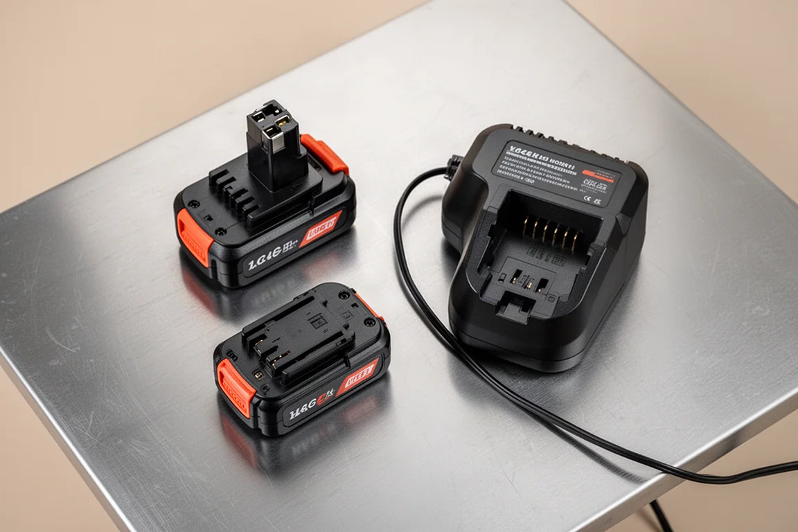 Two battery packs and a dual charger arranged on a brushed steel surface