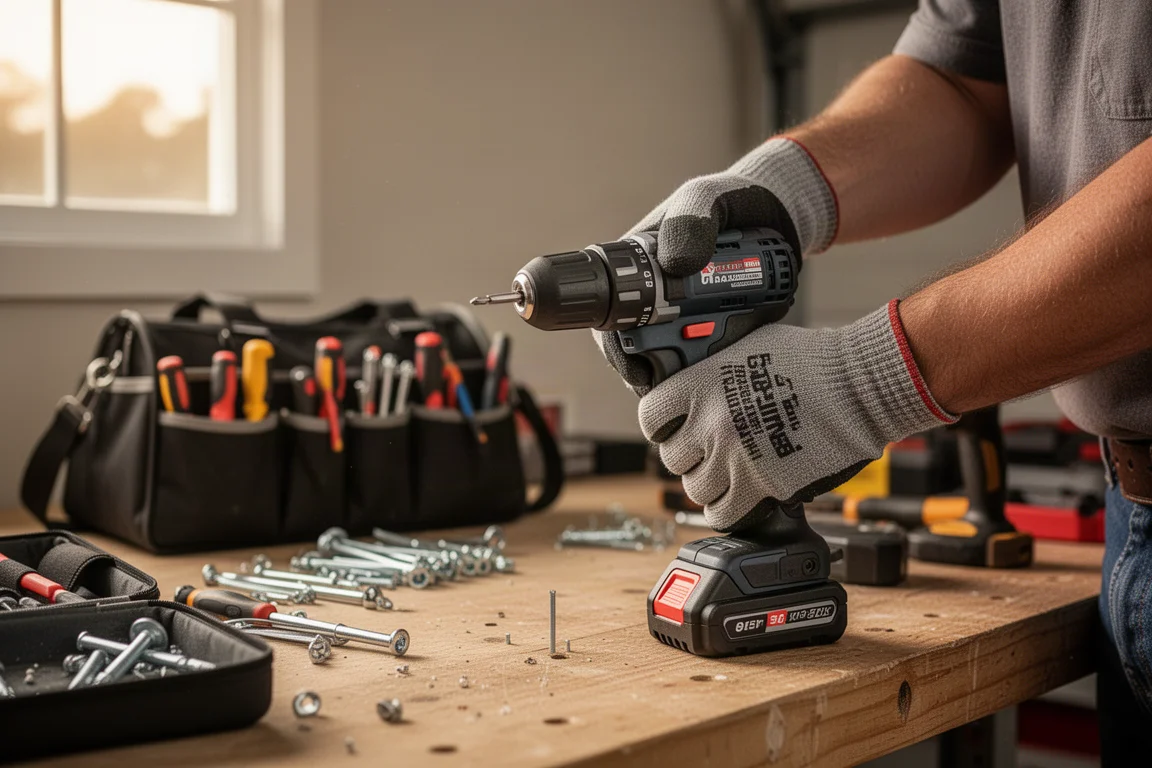 Homeowner assembling furniture with a compact cordless drill on a garage workbench