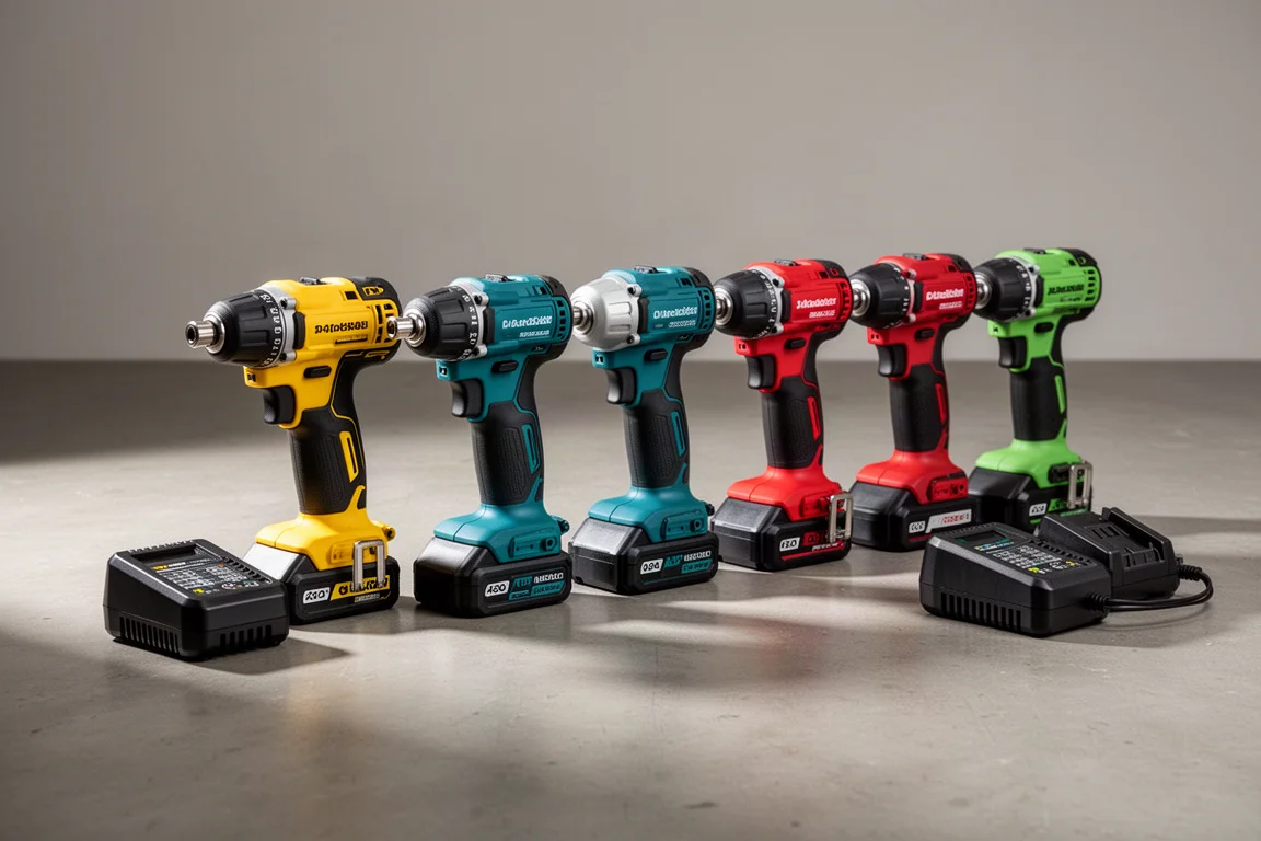 Row of cordless drill and impact driver combo kits on a concrete floor