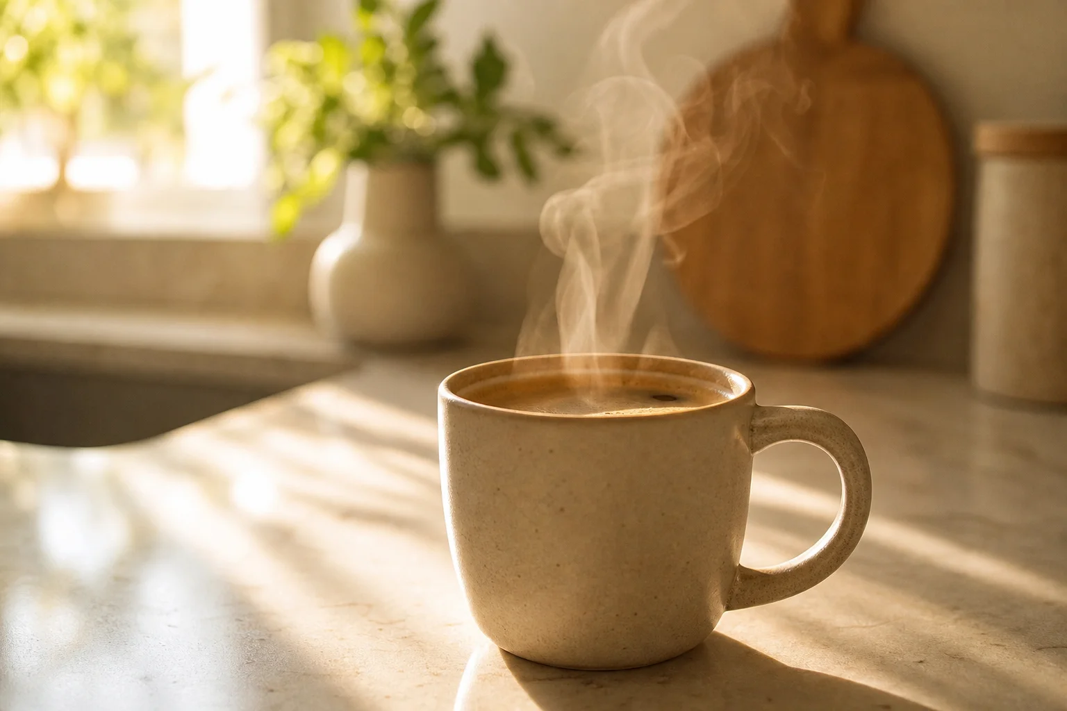 Morgendliche Küchentheke mit dampfender Kaffeetasse im Licht des Sonnenaufgangs