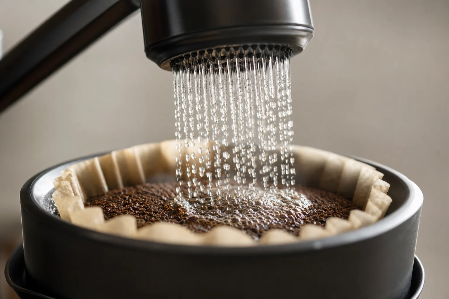 Kaffeebrühvorgang mit Wasser, das über das Kaffeepulver im Filterkorb fließt