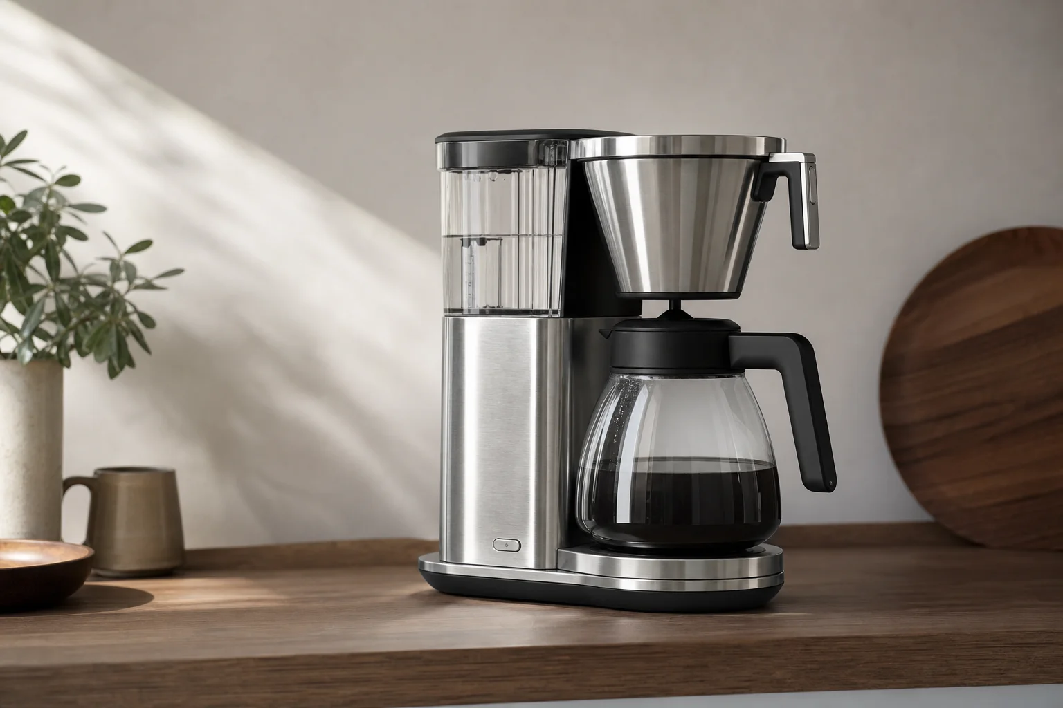 Hochwertige, polierte silberne Kaffeemaschine mit elegantem Design auf einer Küchentheke