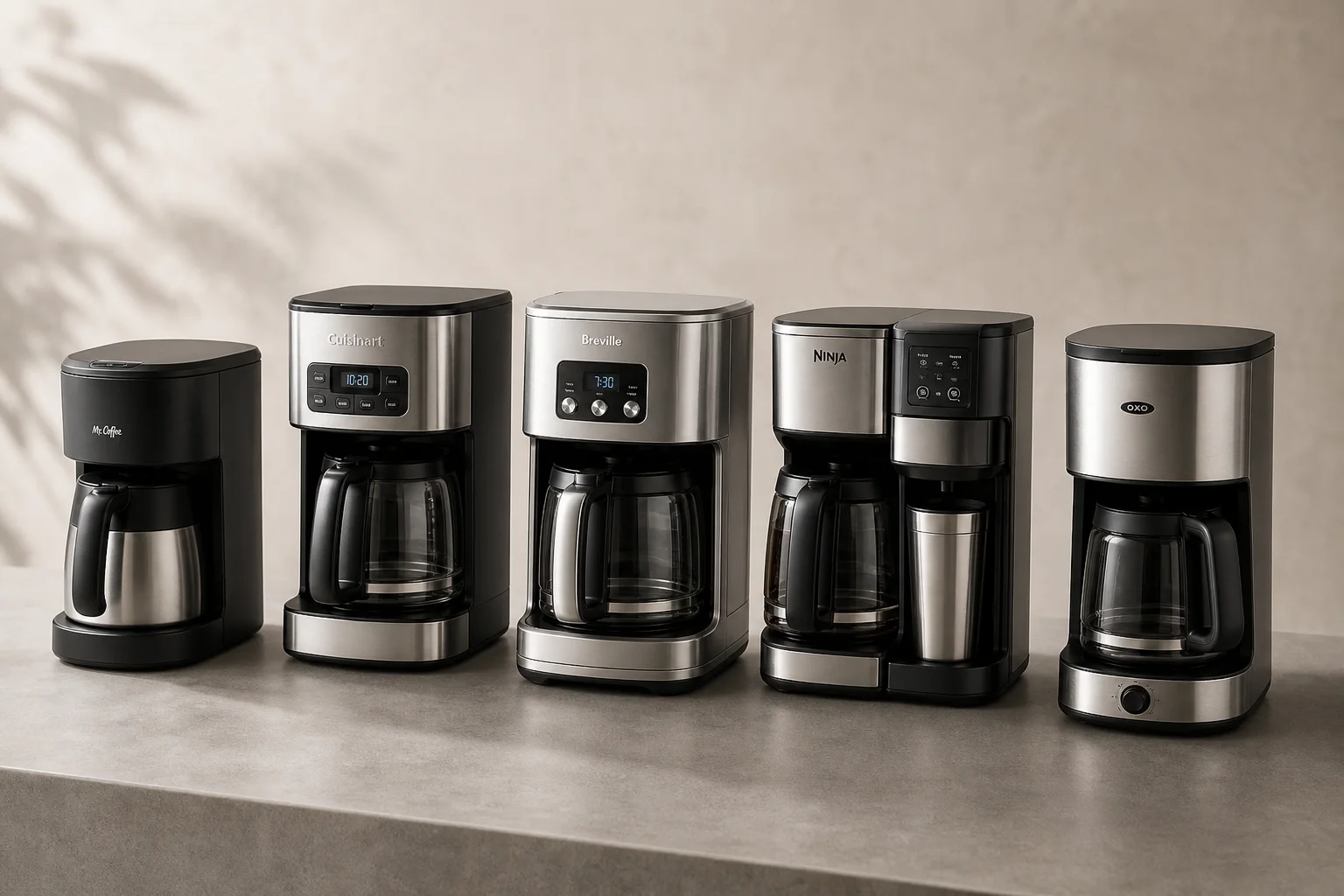 Fem kaffebryggare uppställda på en betongyta, från budget till premium