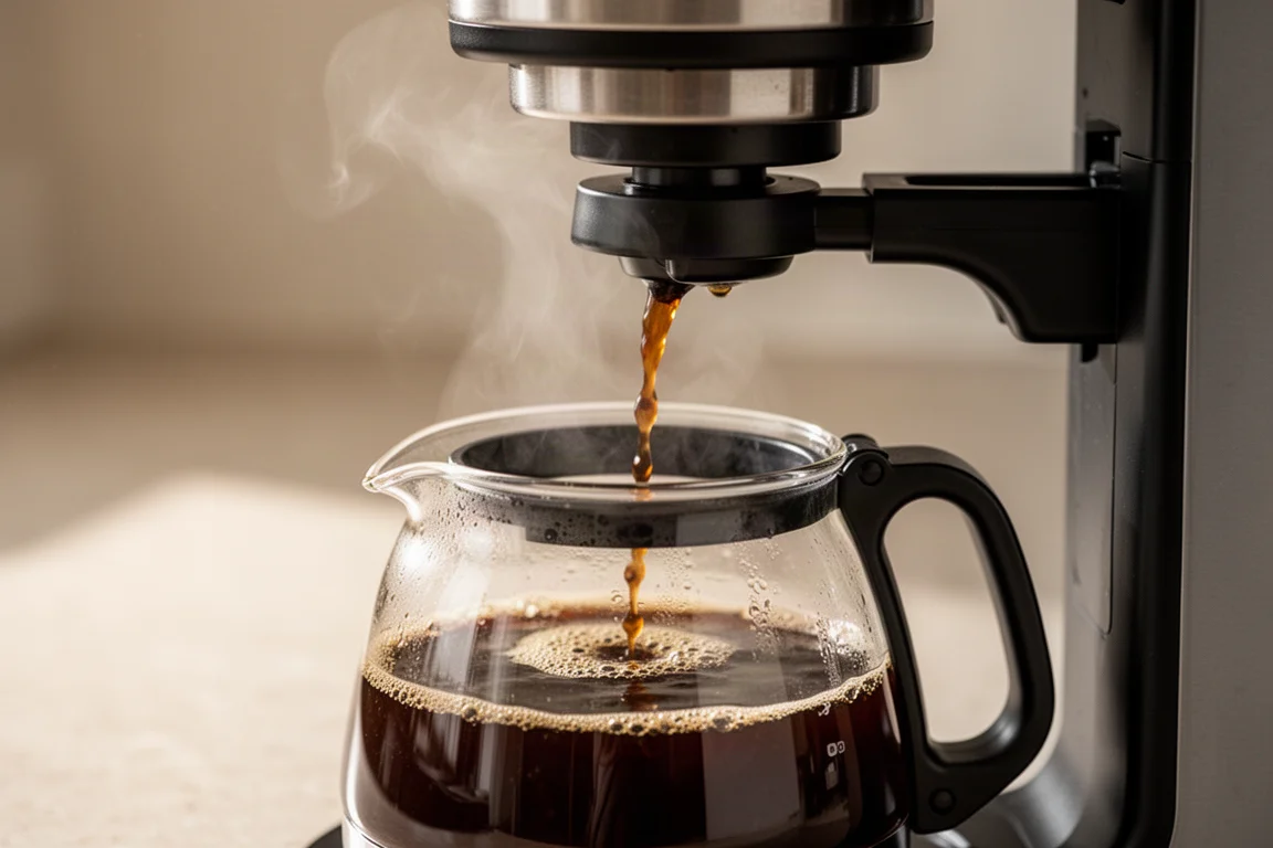 Fresh drip coffee pouring into a glass carafe on a kitchen counter