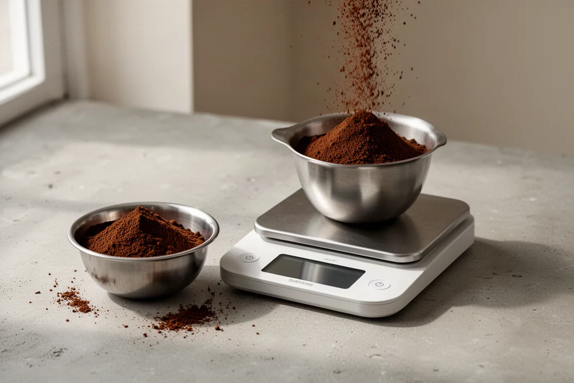 Ground coffee being weighed on a digital kitchen scale