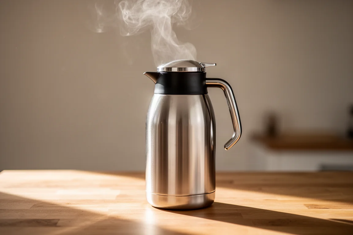 Insulated stainless steel thermal carafe with steam rising in morning light