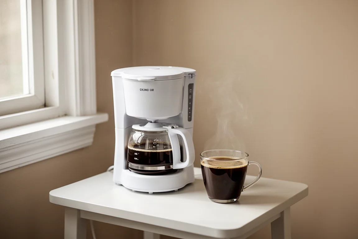 Compact coffee maker on a small apartment counter beside a coffee cup