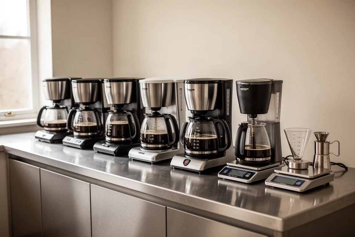 Testaufbau mit mehreren Filterkaffeemaschinen, die in Reihen auf einer Küchenzeile brühen