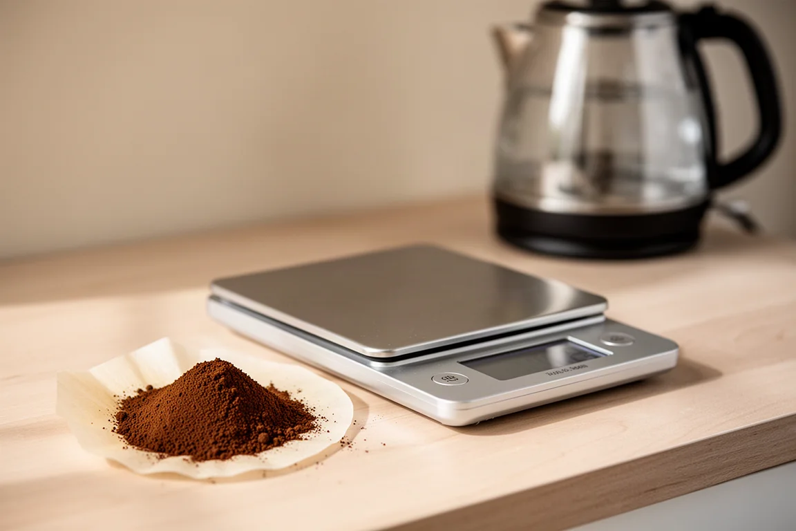 Nahaufnahme von Kaffeemehl, das für den Brühtest auf einer Digitalwaage gewogen wird