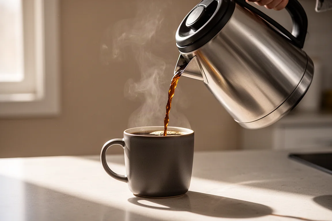 Edelstahl-Thermoskanne wird mit frisch gebrühtem Kaffee in eine Tasse gefüllt