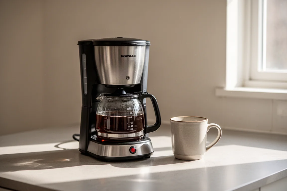 Kompakte Kaffeemaschine mit Glaskanne auf einer Warmhalteplatte in einer kleinen Apartmentküche