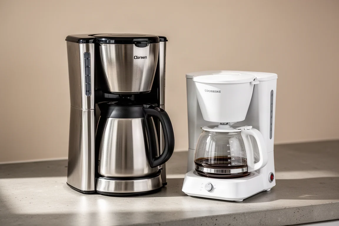 Two drip coffee makers side by side on a concrete kitchen counter
