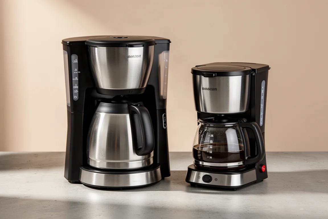 Two drip coffee makers side by side, one with thermal carafe and one with glass carafe