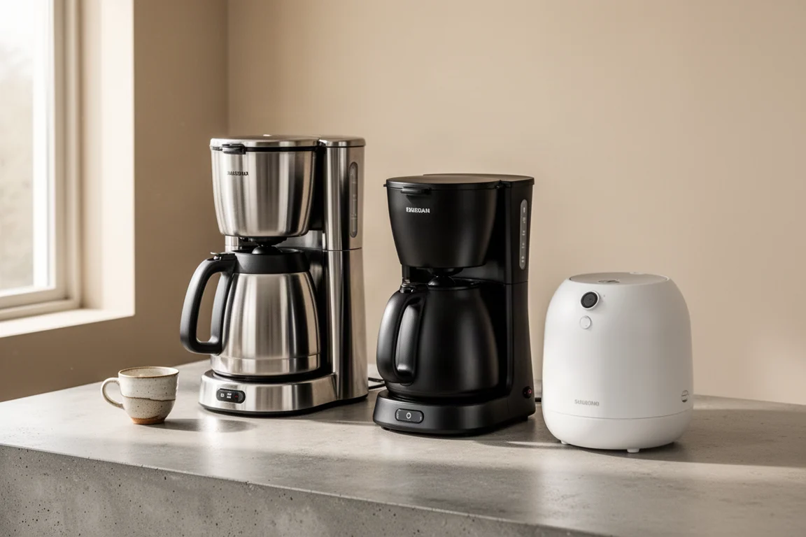 Three drip coffee makers lined up on a concrete kitchen counter