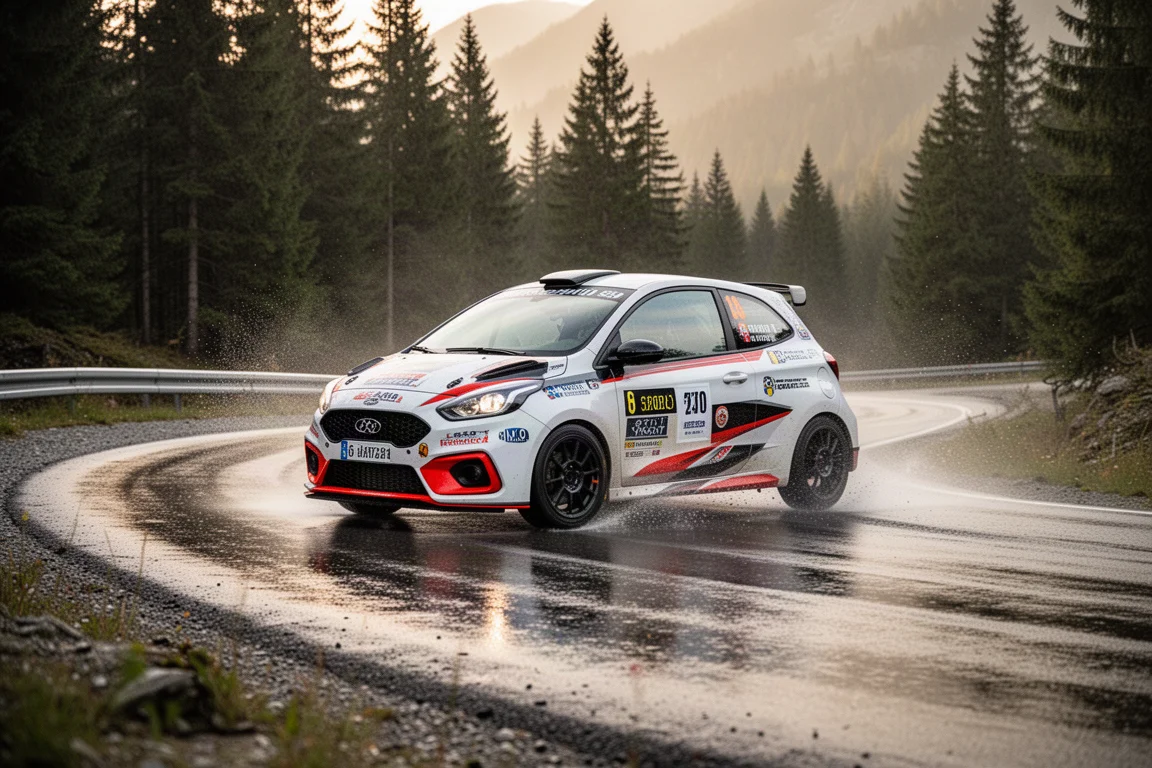 Rallye-inspirierter kompakter Hot Hatch nimmt eine nasse Bergserpentine mit hohem Tempo