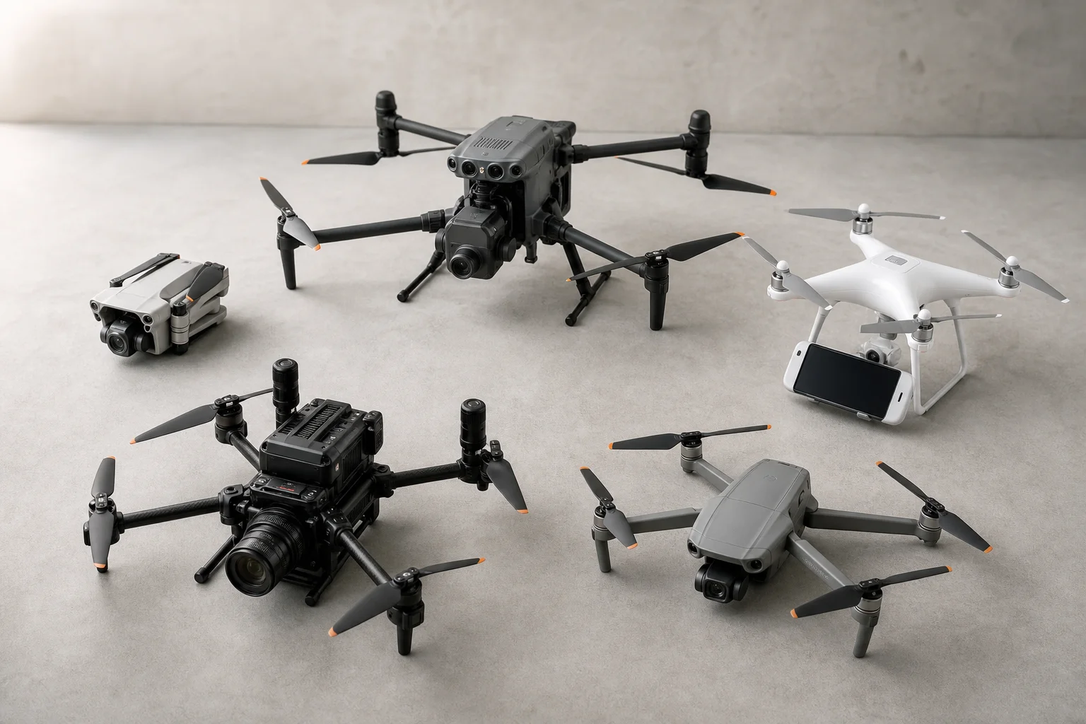 Five drones arranged on concrete surface showing variety from compact to professional models