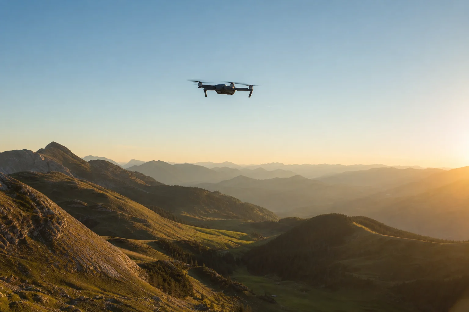 Drohne fliegt während der goldenen Stunde über eine Berglandschaft mit einem Tal im Hintergrund
