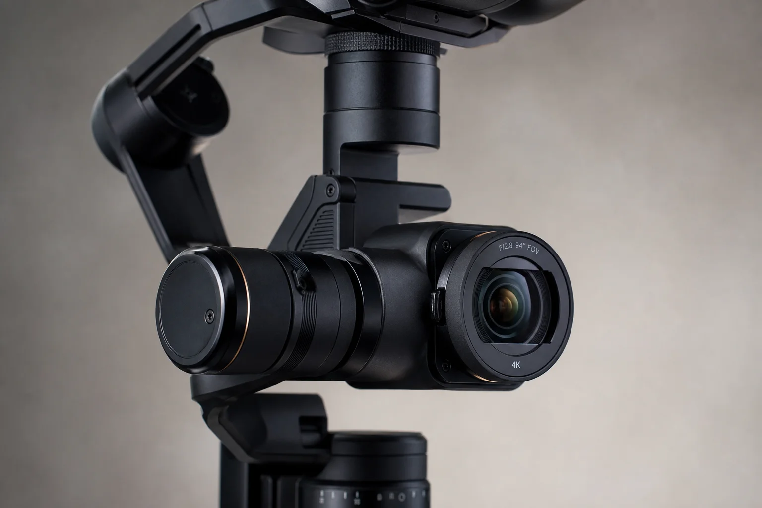 Nahaufnahme eines Drohnen-Gimbals und eines 4K-Kameraobjektivs mit Drei-Achsen-Stabilisierung