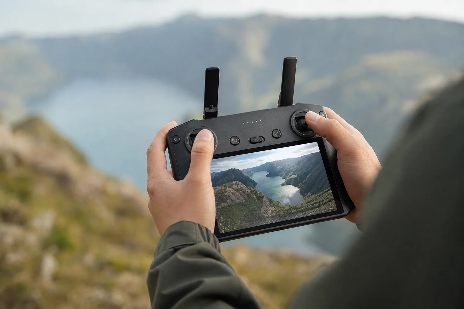 Drohnenpilot hält eine Fernsteuerung mit LCD-Bildschirm, der Live-Video anzeigt