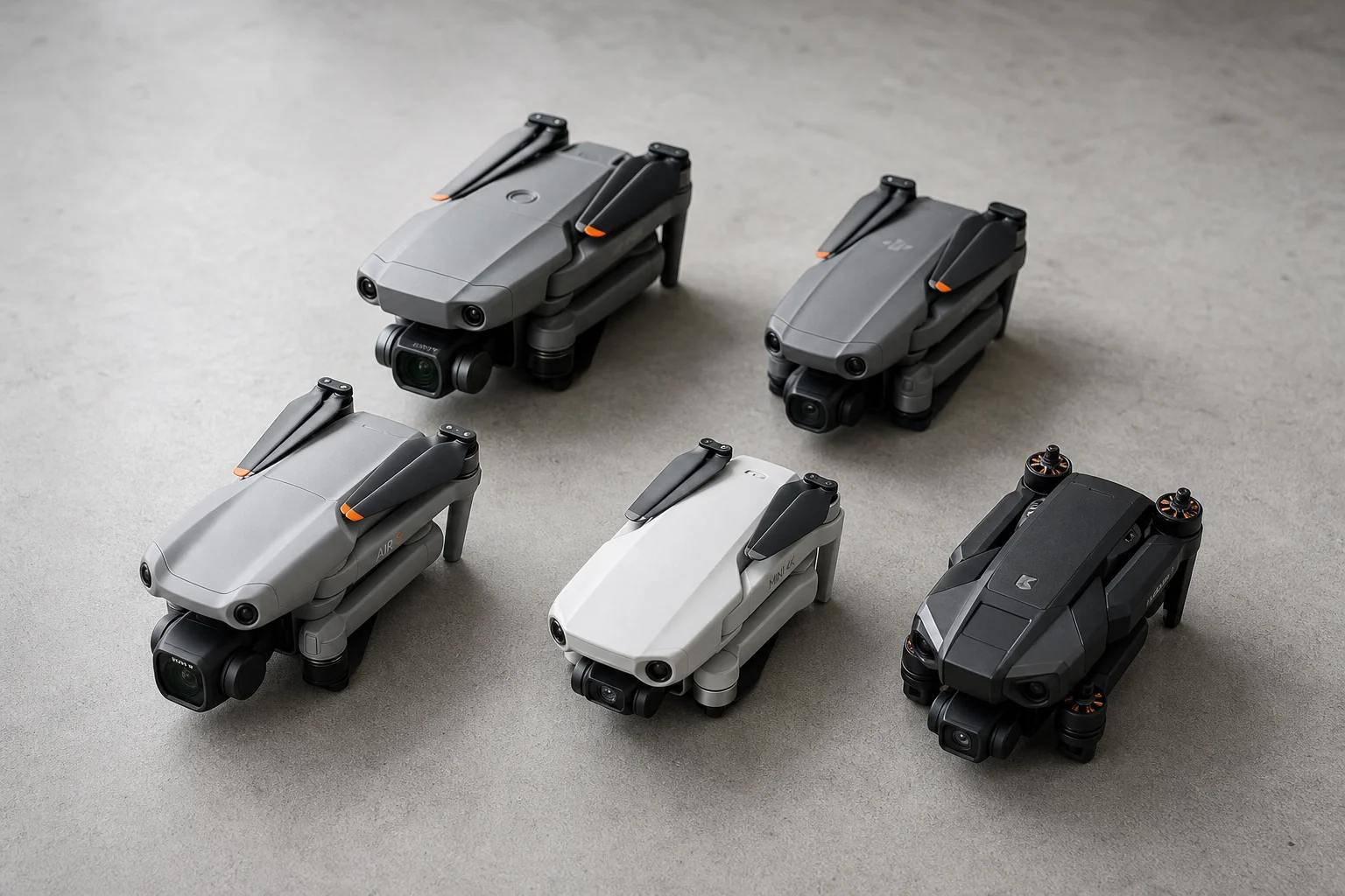 Five drones arranged on concrete surface showing different designs and sizes