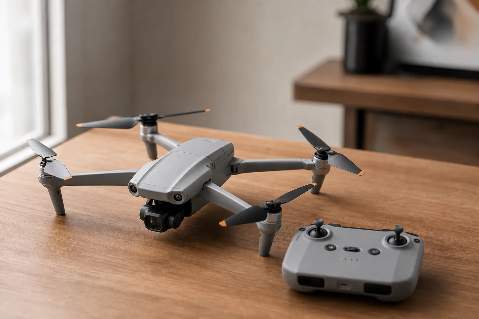Foldable drone with extended arms on wooden surface next to controller