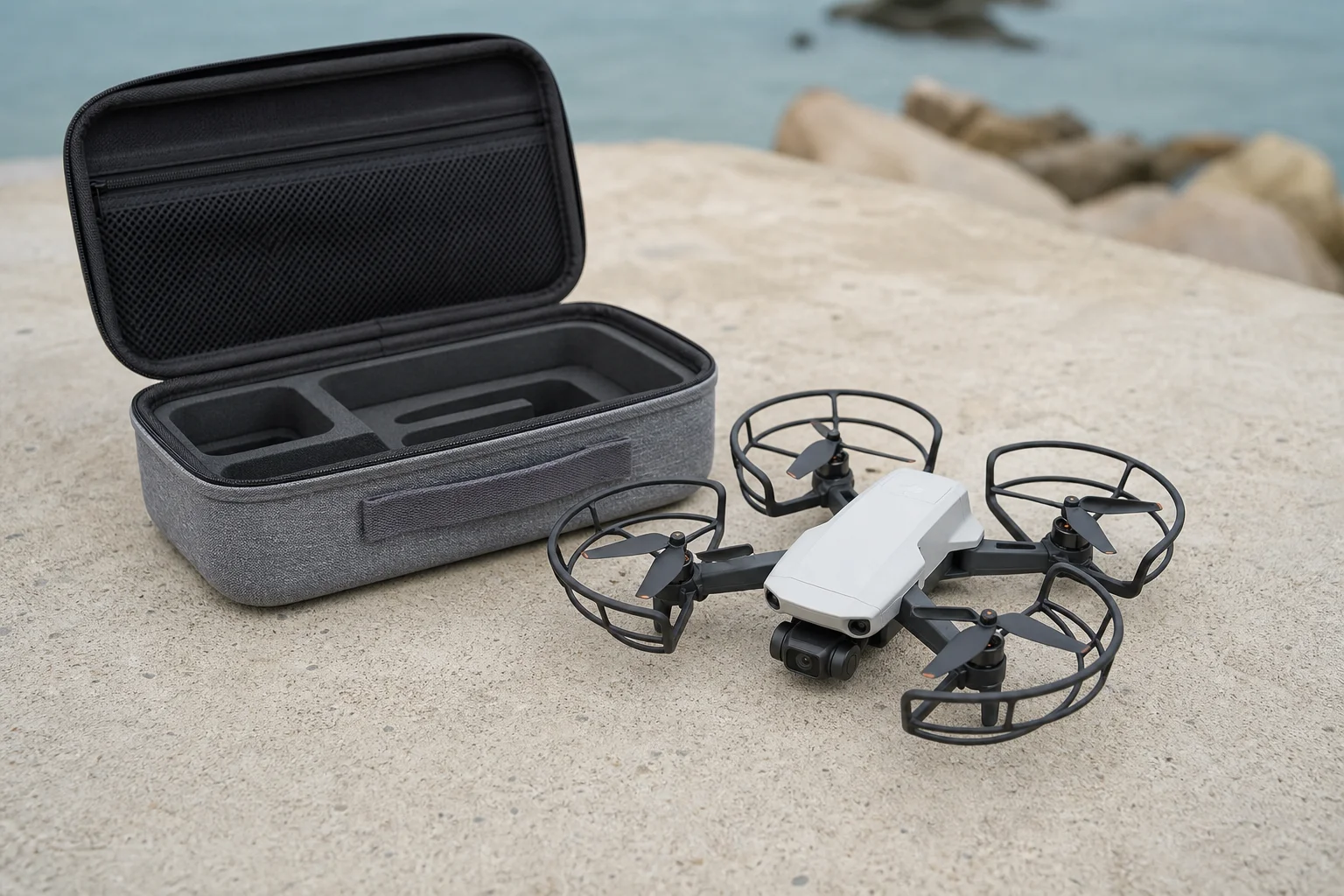 Portable drone with propeller guards and carrying case in outdoor setting