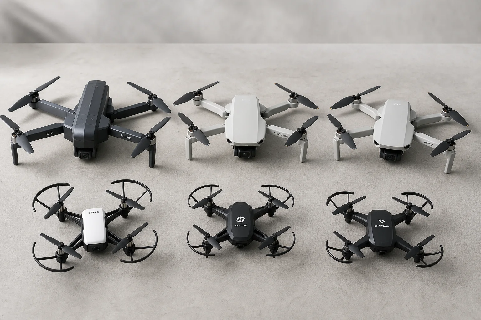 Six drones arranged by price tier on concrete surface