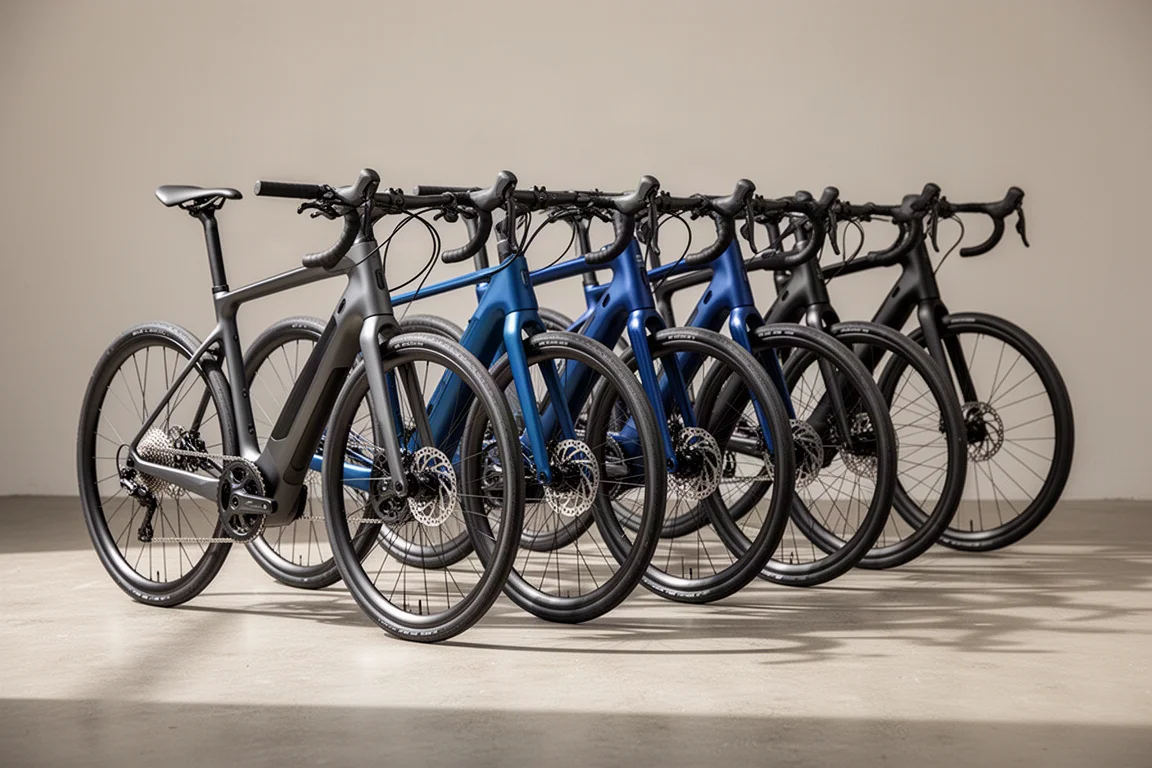 Row of seven drop-bar electric road bikes parked on a smooth concrete surface