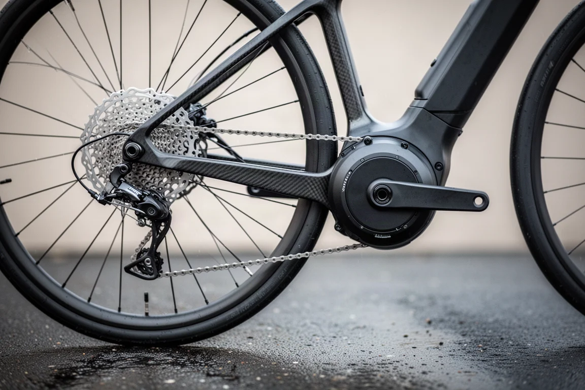 Zbliżenie na napęd elektrycznego roweru szosowego, karbonowe widełki ramy i tarczę hamulca