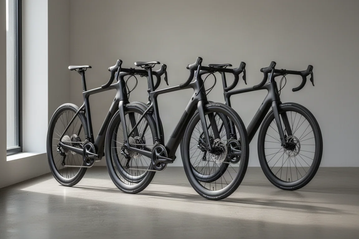Three drop-bar electric road bikes parked side by side in a bright studio setting