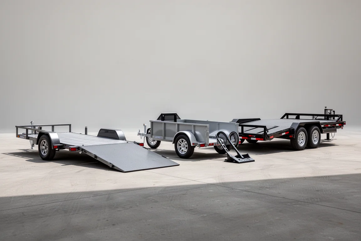 Three low-profile utility trailers lined up on a concrete lot